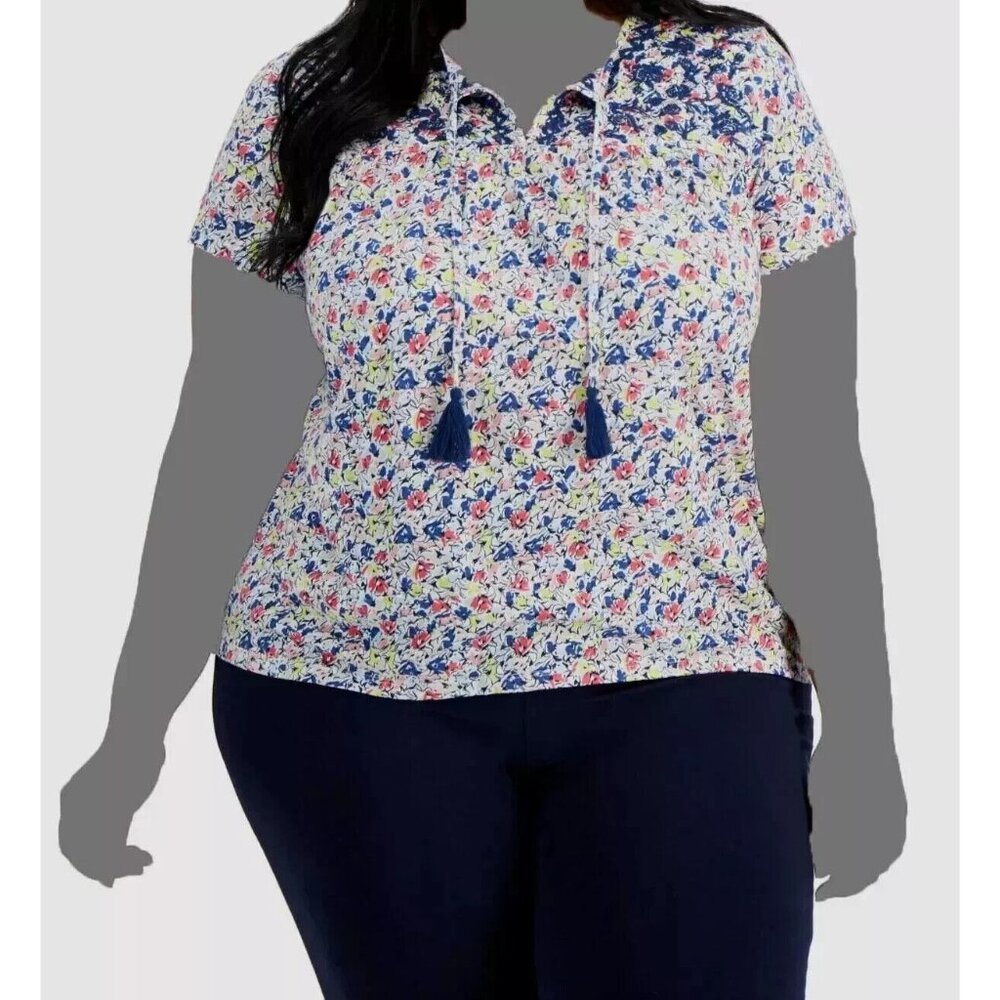 Style & Co Women's Plus Size 0X White Floral Split Neck Tassel T-Shirt PM136AFA